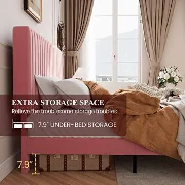 SHA CERLIN King Upholstered Platform Bed Frame with Adjustable Headboard/Vertical Channel Tufted Velvet Fabric/Wooden Slats Support/Mattress Foundation/Box Spring Optional/Pink