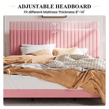 SHA CERLIN King Upholstered Platform Bed Frame with Adjustable Headboard/Vertical Channel Tufted Velvet Fabric/Wooden Slats Support/Mattress Foundation/Box Spring Optional/Pink