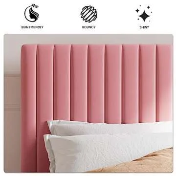 SHA CERLIN King Upholstered Platform Bed Frame with Adjustable Headboard/Vertical Channel Tufted Velvet Fabric/Wooden Slats Support/Mattress Foundation/Box Spring Optional/Pink