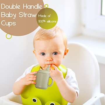 2 Pieces Toddler Cups Silicone Training Sippy Cups with Straw Lid and Non Slip Handles Spill Proof T...