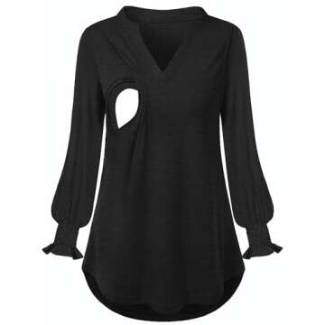 CzzzyL Womens Nursing Tops V Neck Smocked Puff Long Sleeve Breastfeeding Tshirts Mother Baby Shower Pajamas(Black,Medium)