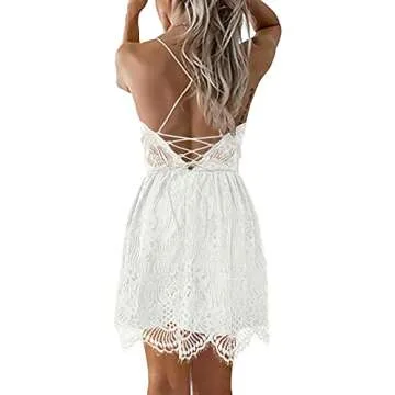 AOOKSMERY Women Summer V-Neck Spaghetti Straps Lace Backless Mini Party Club Beach Dresses (White, L...