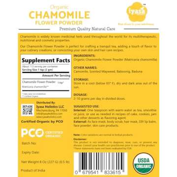 Iyasa Holistics Organic Chamomile Flower Powder, Food Grade for Baking, Cooking, Tea, Summer Drinks,...