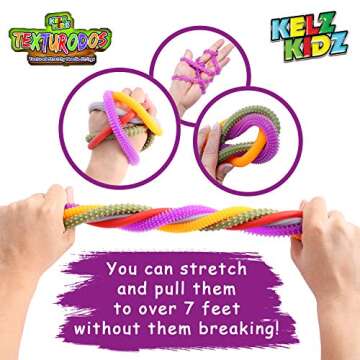 KELZ KIDZ® TEXTURODOS® - Durable Textured (Patented) Stretchy String Fidget and Sensory Toy for Kids - Individually Packaged Monkey Noodles (15 Pack)