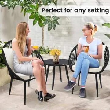 wildformers 3 Piece Bistro Set, Woven Rope Chair with Cushions, All Weather Patio Conversation Set with Side Table, Ideal for Deck, Balcony, Poolside, Black