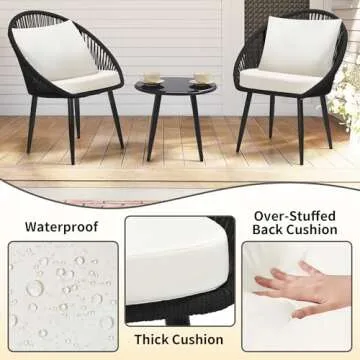 wildformers 3 Piece Bistro Set, Woven Rope Chair with Cushions, All Weather Patio Conversation Set with Side Table, Ideal for Deck, Balcony, Poolside, Black