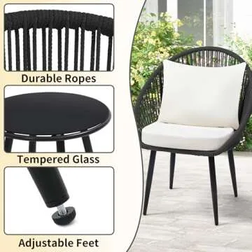 wildformers 3 Piece Bistro Set, Woven Rope Chair with Cushions, All Weather Patio Conversation Set with Side Table, Ideal for Deck, Balcony, Poolside, Black
