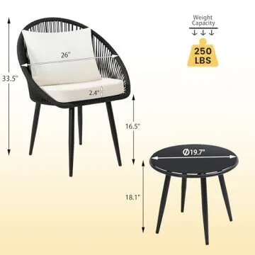 wildformers 3 Piece Bistro Set, Woven Rope Chair with Cushions, All Weather Patio Conversation Set with Side Table, Ideal for Deck, Balcony, Poolside, Black