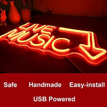 Music Live Led Neon Signs - Handcrafted Led Signs 17 * 11 inches - Wall Decor Led Light For Nightclub,Bar or Bedroom,Music Stadio