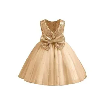Dypaha Flower Girls Dress Kids Princess Pearls Sparkle Sequin Puffy Tulle Dresses for Wedding Gold B...