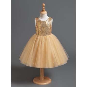 Dypaha Flower Girls Dress Kids Princess Pearls Sparkle Sequin Puffy Tulle Dresses for Wedding Gold Bow Satin Knee Length Pageant Prom Ball Gown Tutu Dress 6T