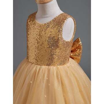 Dypaha Flower Girls Dress Kids Princess Pearls Sparkle Sequin Puffy Tulle Dresses for Wedding Gold Bow Satin Knee Length Pageant Prom Ball Gown Tutu Dress 6T
