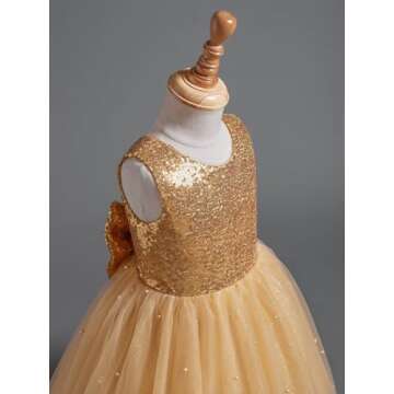 Dypaha Flower Girls Dress Kids Princess Pearls Sparkle Sequin Puffy Tulle Dresses for Wedding Gold Bow Satin Knee Length Pageant Prom Ball Gown Tutu Dress 6T