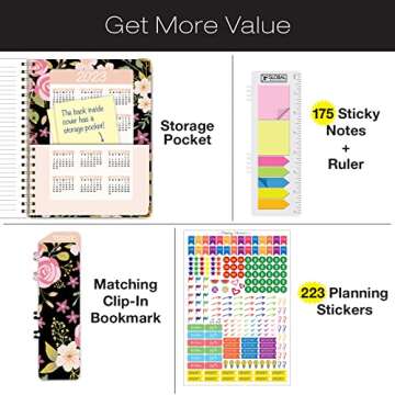 HARDCOVER Academic Year 2022-2023 Planner: (June 2022 Through July 2023) 8.5"x11" Daily Weekly Monthly Planner Yearly Agenda. Bookmark, Pocket Folder and Sticky Note Set (Black Floral Pink)