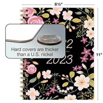 HARDCOVER Academic Year 2022-2023 Planner: (June 2022 Through July 2023) 8.5"x11" Daily Weekly Monthly Planner Yearly Agenda. Bookmark, Pocket Folder and Sticky Note Set (Black Floral Pink)
