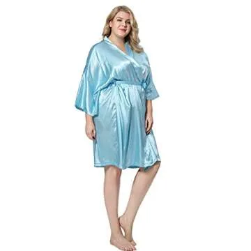 MORFORU Women Bride Bridesmaid Silky Satin Kimono Robe Solid Color Sleepwear for Wedding Party Getting Ready, Short (Light blue, Tag S/M)