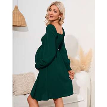 KOJOOIN Women Long Sleeve Smocked Maternity Dress Square Neck Floral Print A Line Casual Gender Reveal Midi Dress for Baby Shower Photoshoot, Dark Green L