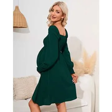 KOJOOIN Women Long Sleeve Smocked Maternity Dress Square Neck Floral Print A Line Casual Gender Reveal Midi Dress for Baby Shower Photoshoot, Dark Green L