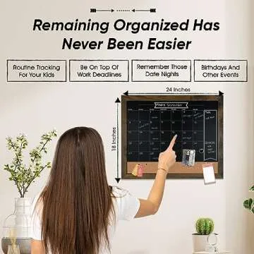 Loddie Doddie Chalkboard Calendar & Bulletin Combo - 18" x 24" Rustic Frame, with Chalk Markers, Push-Pins, Magnets, Blackboard - Kitchen Wall Calendar Organizer