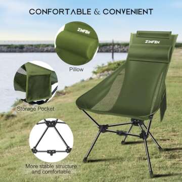ZIMFEM Camping Chairs, Portable Camping Chair with Headrest and Storage Bag, Lightweight Foldable Chair for Outside Camping, Hiking, Travel, Beach and Sports(Green), CC168-Green