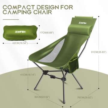 ZIMFEM Camping Chairs, Portable Camping Chair with Headrest and Storage Bag, Lightweight Foldable Chair for Outside Camping, Hiking, Travel, Beach and Sports(Green), CC168-Green