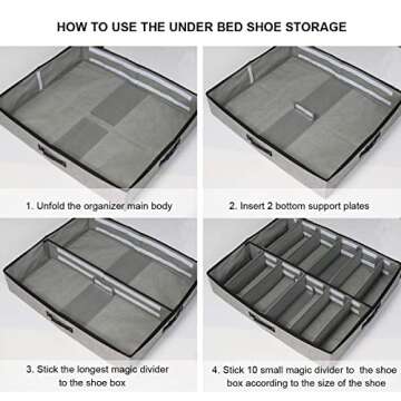 wsryx Under Bed Shoe Storage Organizer with Adjustable Dividers, Sturdy Large Shoe Box Container Underbed with Zippered Closure Clear Window