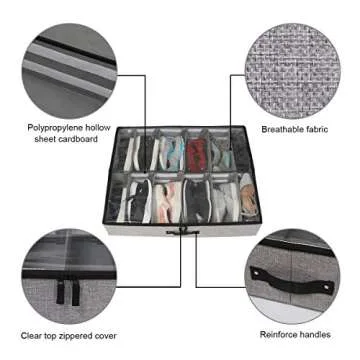 wsryx Under Bed Shoe Storage Organizer with Adjustable Dividers, Sturdy Large Shoe Box Container Underbed with Zippered Closure Clear Window