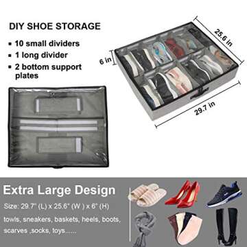 wsryx Under Bed Shoe Storage Organizer with Adjustable Dividers, Sturdy Large Shoe Box Container Underbed with Zippered Closure Clear Window