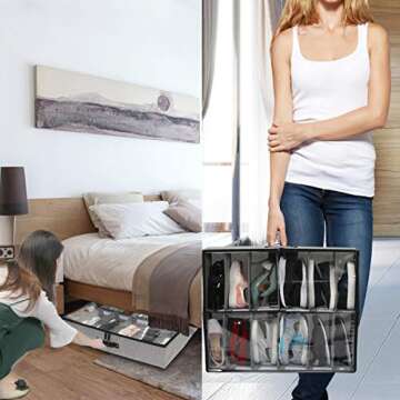 wsryx Under Bed Shoe Storage Organizer with Adjustable Dividers, Sturdy Large Shoe Box Container Underbed with Zippered Closure Clear Window