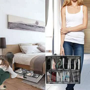 wsryx Under Bed Shoe Storage Organizer with Adjustable Dividers, Sturdy Large Shoe Box Container Underbed with Zippered Closure Clear Window