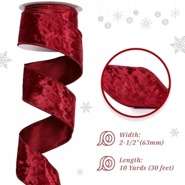 MAYREEL Burgundy Christmas Velvet Ribbon Wired 2.5" x 10 Yards Crushed Velvet Wired Ribbon Burgundy Christmas Decorations Maroon Ribbon for Gift Wrapping Wreath Tree Topper Bow Making Crafts