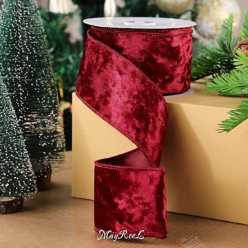 MAYREEL Burgundy Christmas Velvet Ribbon Wired 2.5" x 10 Yards Crushed Velvet Wired Ribbon Burgundy Christmas Decorations Maroon Ribbon for Gift Wrapping Wreath Tree Topper Bow Making Crafts