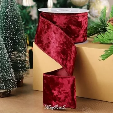 MAYREEL Burgundy Christmas Velvet Ribbon Wired 2.5" x 10 Yards Crushed Velvet Wired Ribbon Burgundy Christmas Decorations Maroon Ribbon for Gift Wrapping Wreath Tree Topper Bow Making Crafts