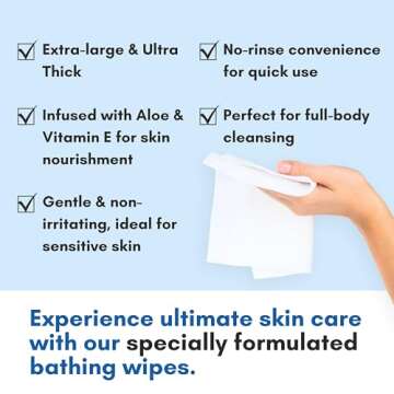 Nurture Rinse Free Bathing Wipes for Adults w/Aloe | Waterless Cleansing for sensitive skin | Disposable Adult Body Bath Wet Wipe for Disabled Bedridden | 64 wipes