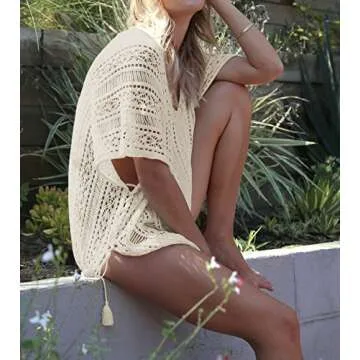 Jeasona Women’s Bathing Suit Cover Up Beach Bikini Swimsuit Swimwear Crochet Dress (Beige, S)