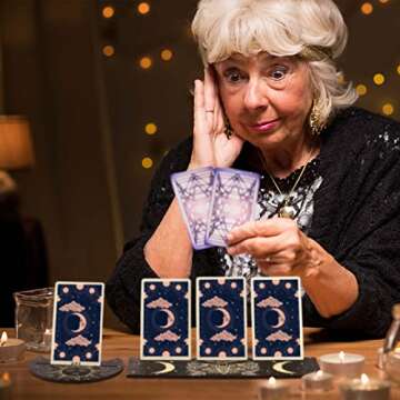 Queekay Wooden Tarot Card Stand Holder 4 Pieces Moon Phase Tarot Card Altar Stand Sun Moth Pattern Tarot Card Holder Stand Rectangle Moon Shape Display Wooden Card Stand Oracle Witch Divination Tools