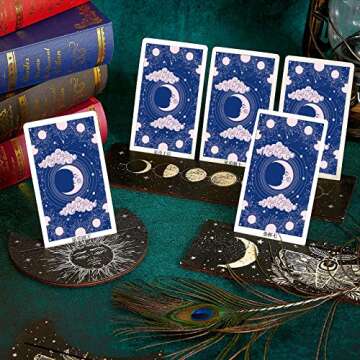 Queekay Wooden Tarot Card Stand Holder 4 Pieces Moon Phase Tarot Card Altar Stand Sun Moth Pattern Tarot Card Holder Stand Rectangle Moon Shape Display Wooden Card Stand Oracle Witch Divination Tools