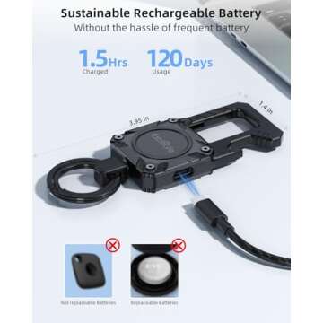 Keychain, Works with Apple Find My, Heavy Duty Keychain Bottle Opener, Carabiner Car Key Chains with Gps Tracker, Key Finder, Bluetooth Tracker for Luggage, Kids, Bags and More, Rechargeable, Black