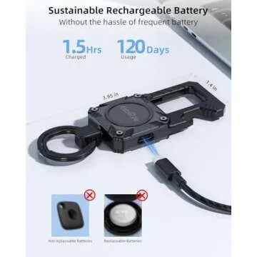 Keychain, Works with Apple Find My, Heavy Duty Keychain Bottle Opener, Carabiner Car Key Chains with Gps Tracker, Key Finder, Bluetooth Tracker for Luggage, Kids, Bags and More, Rechargeable, Black