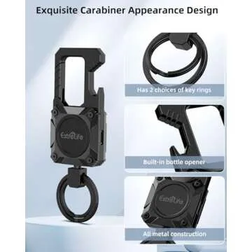 Keychain, Works with Apple Find My, Heavy Duty Keychain Bottle Opener, Carabiner Car Key Chains with Gps Tracker, Key Finder, Bluetooth Tracker for Luggage, Kids, Bags and More, Rechargeable, Black