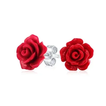 Romantic Delicate Floral Blooming 3D carved Red Rose Flower Stud Earrings For Women For Teen For Mot...