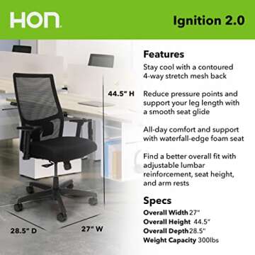 HON Office Desk Chair Ignition 2.0 - Ergonomic Desk Chair, Home Office Chairs, Adjustable Lumbar & A...