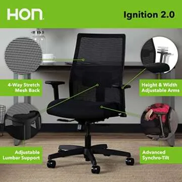HON Office Desk Chair Ignition 2.0 - Ergonomic Desk Chair, Home Office Chairs, Adjustable Lumbar & Armrests, Seat-Slide, Back Support, Cushion, Swivel Wheels, Black