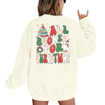 VILOVE Women's Christmas Sweatshirt - Book Lover's Pullover for Holiday Cheer