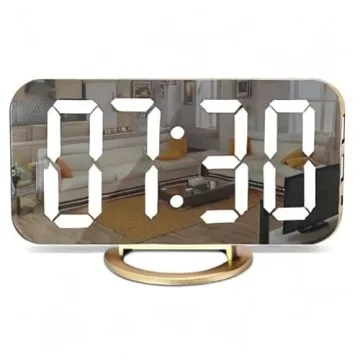 SZELAM Digital Alarm Clock,LED and Mirror Desk Clock Large Display,with Dual USB Charger Ports,3 Levels Brightness,12/24H,Modern Electronic Clock for Bedroom Home Living Room Office - Gold
