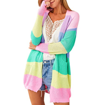 ECOWISH Cardigan Sweaters for Women Fall Causal Color Block Striped Long Sleeve Open Front Cozy Knit...