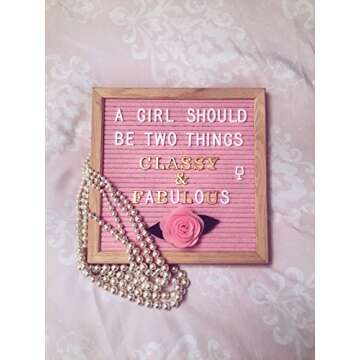 Pink Felt Letter Board 10x10 Inches – Changeable Message Board Includes Pink Felt Flower, 335 White Letters & Emojis, 126 Shiny Gold Letters & Emojis, Wall Hanging Hook, Oak Frame, & Canvas Bag