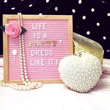 Pink Felt Letter Board 10x10 Inches – Changeable Message Board Includes Pink Felt Flower, 335 White Letters & Emojis, 126 Shiny Gold Letters & Emojis, Wall Hanging Hook, Oak Frame, & Canvas Bag