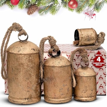 Akatva Large Christmas Bells for Decoration – Cow Bells for Rustic Christmas Decor – Gold Bells ...