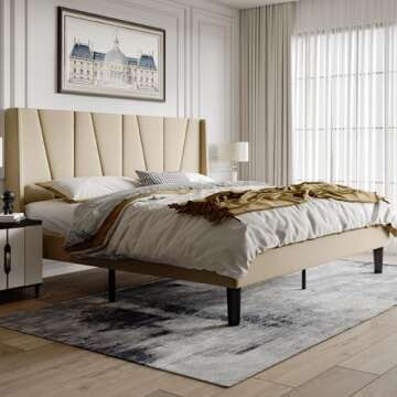 HOOMIC King Size Platform Bed Frame with Geometric Wingback Headboard, Wooden Slats Support, No Box Spring Needed, Modern Style in Beige